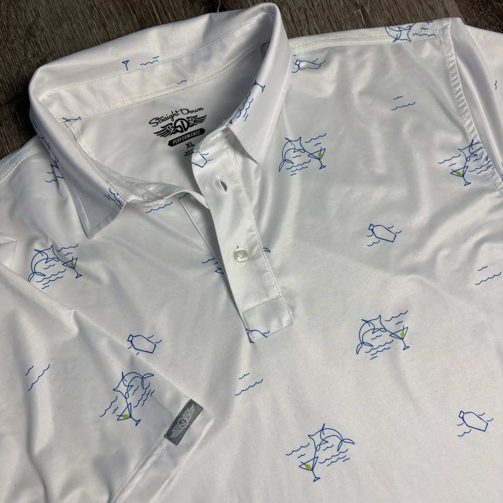 Straight Down Performance Mens XL Polo Shirt Martini Marlin Swordfish Golf Logo‎
